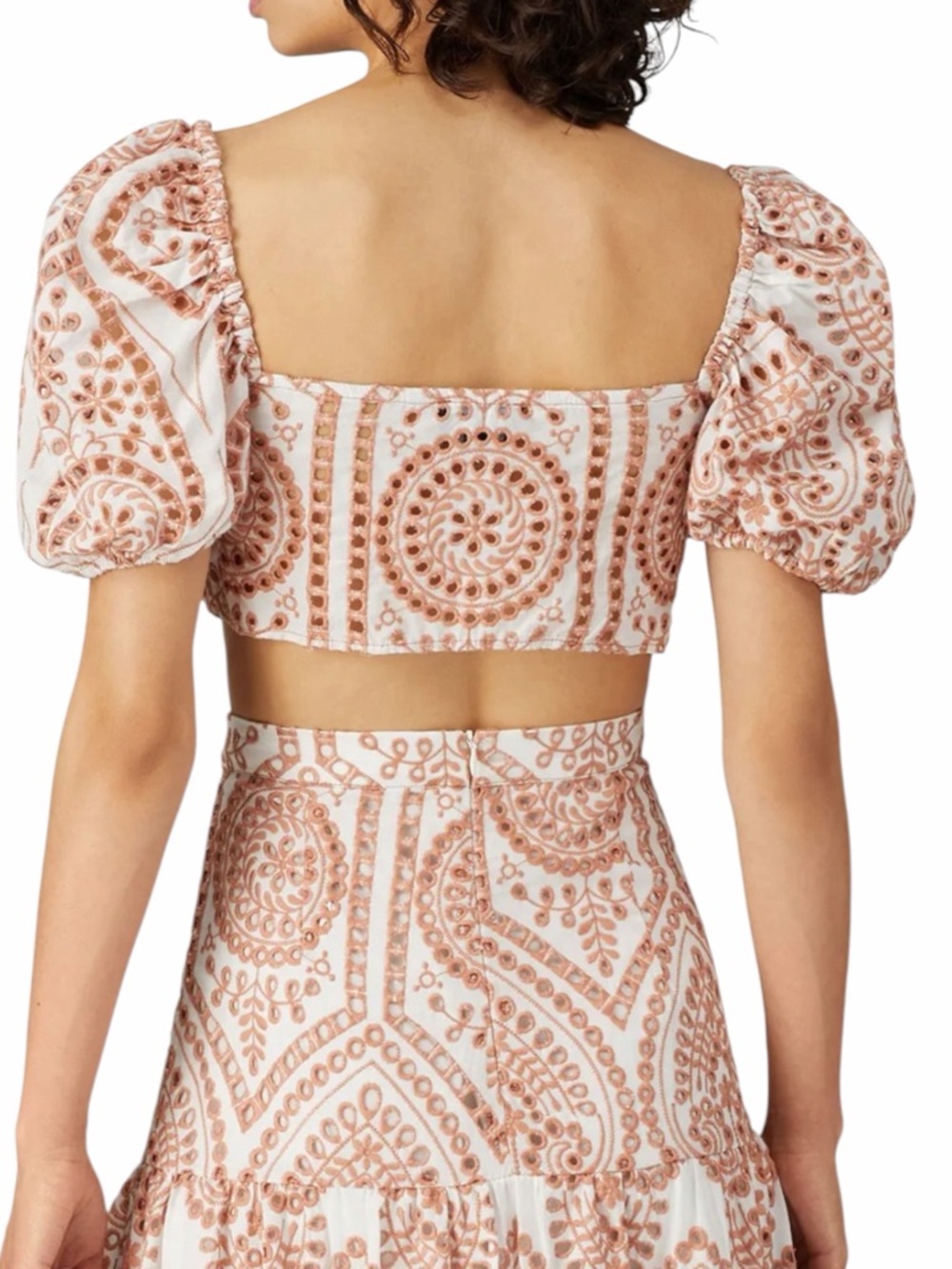 Bardot Eyelet Tie Front Crop Top Puff Sleeve White Tan Embroidered Boho EUC S - Picture 8 of 13